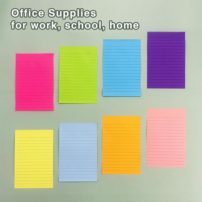 Eastern Wolf 8 Pads Lined Sticky Notes 4x6 in, Sticky Notes with Lines, Self-Stick Note Pads 8 Bright Multi Colors, 35 Sheet/Pad