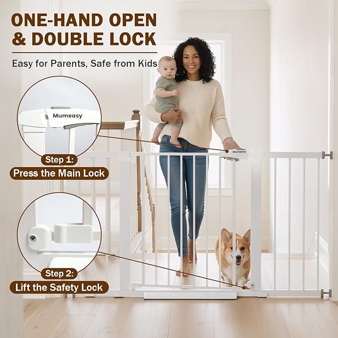 Mumeasy 29.7–51 Inch Extra Wide Baby Gate for Stairs, Extra Long Indoor Dog Gate for Doorways, Pressure Mounted Walk Thru Child Gate with Auto-Close, No-Drill Safety Pet Gate with Door for House,White