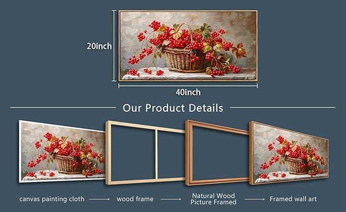 PHAOHUAXM Canvas Wall Decoration For Living Room Restaurant Wall Art For Office Bedroom Abstract Red Fruit Wall Decor Wooden Frame Printing Picture Artworks Mural Modern Home Decoration 20"X40"