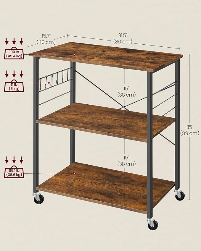 VASAGLE Kitchen Shelf on Wheels, 31.5 Inches Serving Cart with 3 Shelves, Kitchen Cart, Microwave Shelf, for Mini Oven, Toaster, with 6 Hooks, Industrial Style, Rustic Brown and Ink Black UKKS067K01