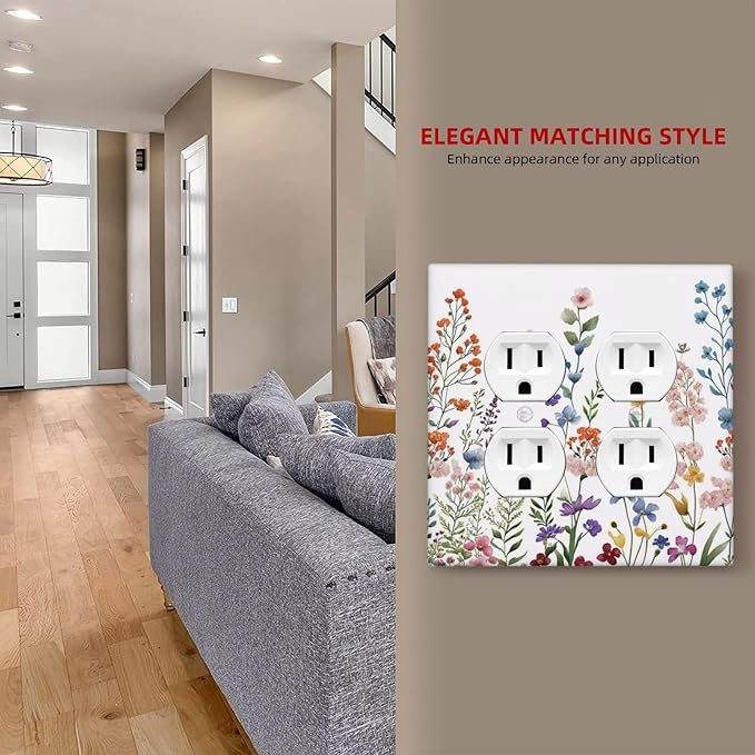 Rustic Wild Floral Vintage Colorful Flowers Outlet Covers 2-Gang Duplex Light Switch Covers Decorative Gfci Wall Plate Covers Electrical Receptacle Switchplate Plug Faceplate Bathroom Decor