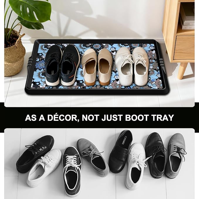 BEHERO Boot Tray Shoe Mat Decorative Patterned, Rubber Shoe Matt Tray Indoor/Outdoor Use, 16" x27.5" Shoe Cleaning Mat Non-Slip, Shoe Storage Waterproof Flower Prints for Entryway, Velvet Bloom