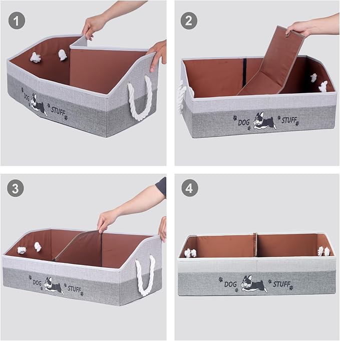Large Dog Toy Basket with Handles, 28.5" Collapsible Multi-Purpose Hard Board Dog Toy box, Clothes, Dog toy storage (Gray,Coffee)