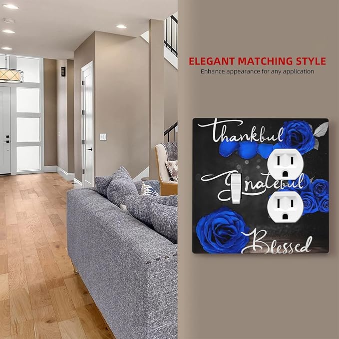 Decorative Light Switch Cover Plate Blue Rose Thankful Grateful Blessed 2 Gang Outlet Covers 1 Toggle 1 Duplex Wall Plate Decorate Electrical Switch Plate Covers for Bedroom Bathroom Decor