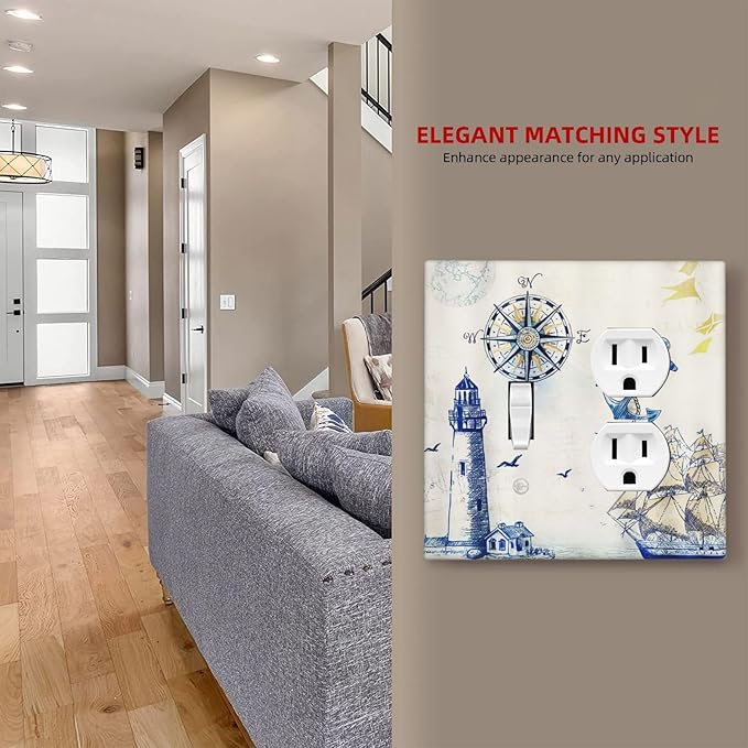 Nautical Sailboat Lighthouse Compass Anchor Decorative Light Switch Cover Plate 1 Toggle/1 Duplex Outlet Covers 2 Gang Combo Gfci Wall Plate Electrical Receptacle Switchplate for Bedroom Decor