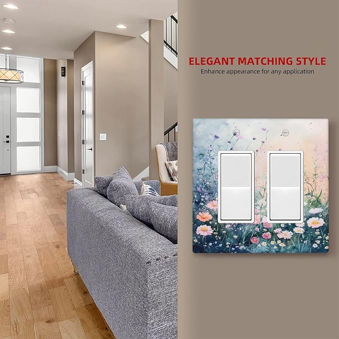 Decorative Outlet Covers Pink Floral Wildflower Green Plants 2 Gang Light Switch Cover Plate Double Rocker Wall Plate Gfci Switch Plate Covers for Bathroom Decor