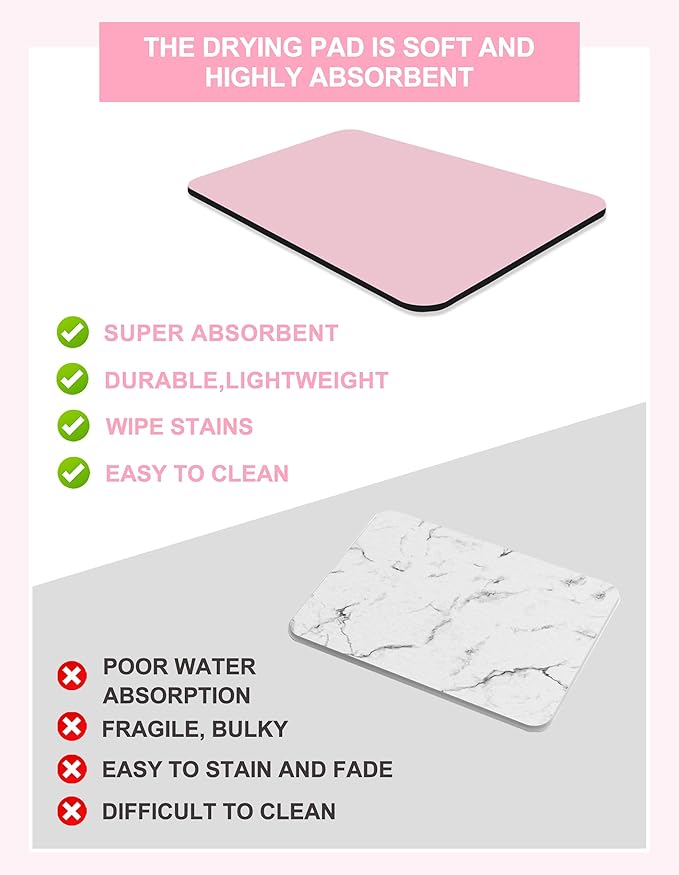 Dish Drying Mat for Kitchen Counter, 12"x19" Dish Drying Pad with Non-slip Rubber Backed, Hide Stain Anti Absorbent for Kitchen Counter, Drying Mat for Coffee Machine Dish Rack (Pink)