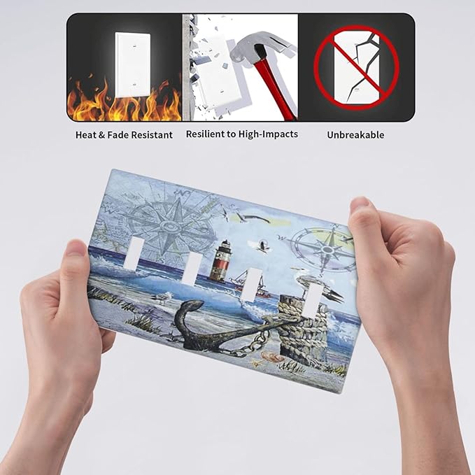 Light Switch Cover Sea Ocean Sand Coast Compass Ship Lighthouse Anchor 4 Gang Switch Plate Quad Toggle Wall Plates Decorative Switchplate Electrical Outlet Cover Plates for Bathroom Decor