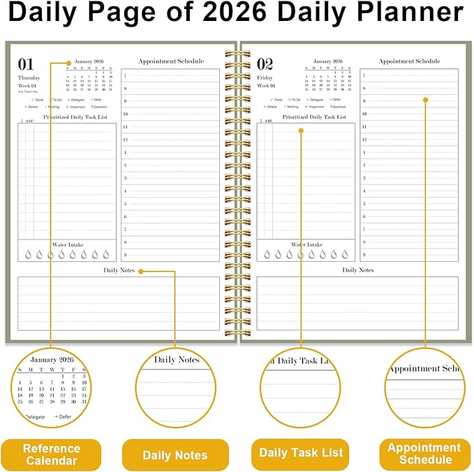 Daily Planner 2026 - Full Page Per Day, Jan 2026 to Dec 2026, 2026 Daily Planner with Spiral Bound, Inner Pocket, Perfect for School Office Supplies, 7'' x 10'', Green