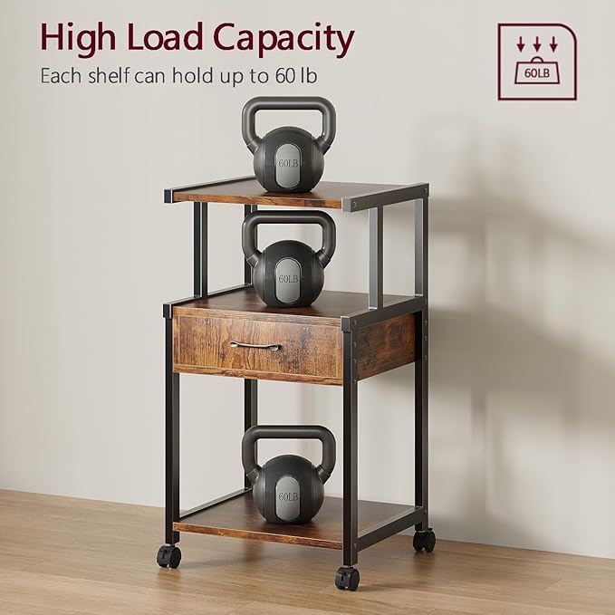 Printer Stand, 3-Tier Mobile Printer Cart, 31.5 x 14.96 x 17.72 Inches Square Printer Table with Storage Rack, Rolling Printer Table with Industrial Wheels for Home Office, Brown
