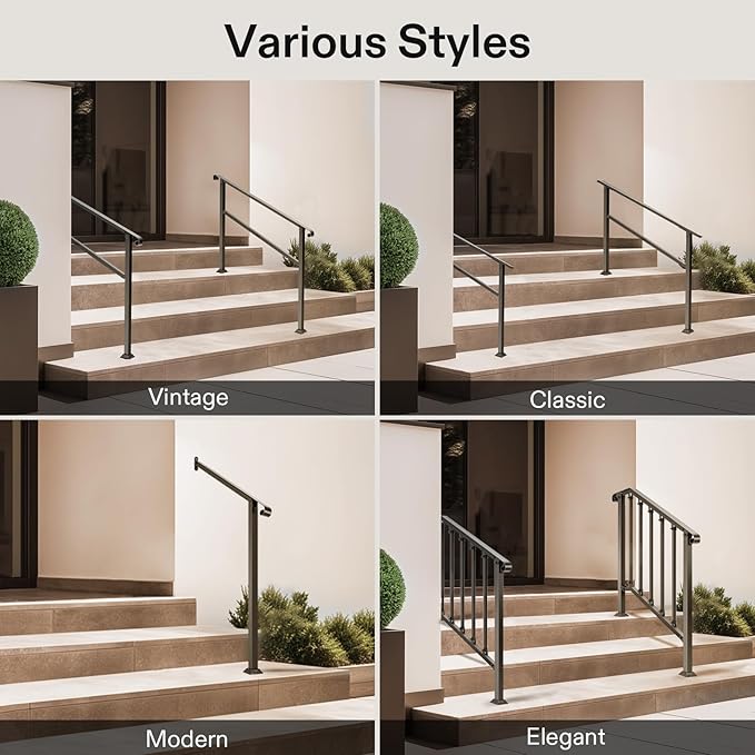VIVOSUN Outdoor Handrail, 5 Step Stair Handrai, 69" x 36" Fits 1 to 5 Steps, Wrought Mattle Iron Handrail for Concrete Steps, Porch Steps, One-Step Assembly, Black