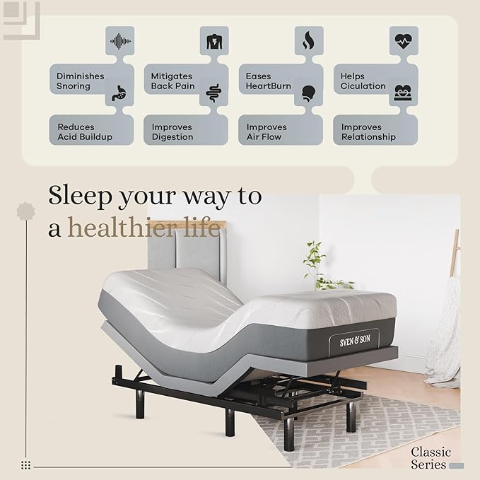 Sven & Son Classic Adjustable Bed Base, Head and Foot Lift, Massage, Under-Bed Lights, USB, Gel Memory, Zero Gravity Smart Frame - Twin XL + 10 inch Memory Foam Matt (Firm)