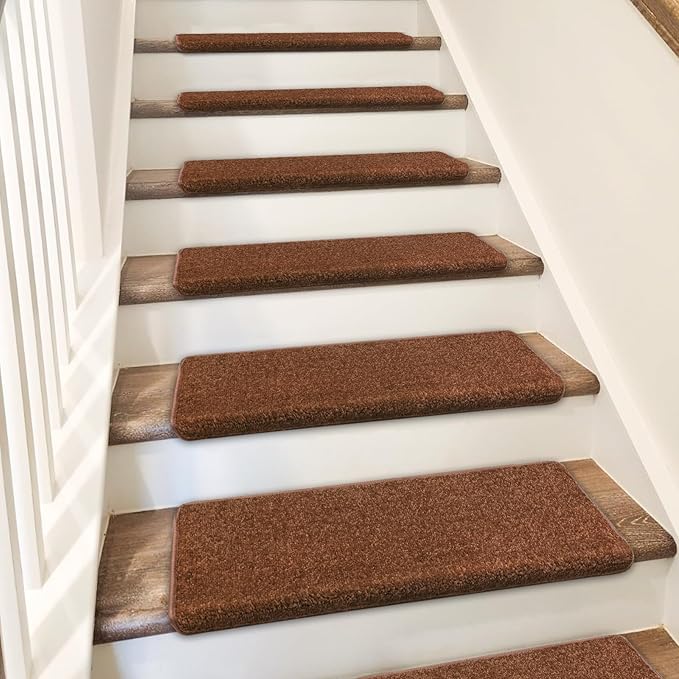 PURE ERA Bullnose Carpet Stair Treads Set Tape Free Non-Slip Indoor Stair Protectors Pet Friendly Rugs Covers Soft Skid Resistant Washable Reusable 9.5" x 30"(14 Pieces,Brown)