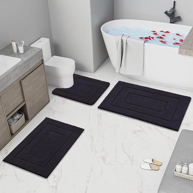 Buganda Bathroom Rugs, 47" x 24", Soft and Absorbent Microfiber Bath Rugs, Non-Slip Shaggy Shower Carpet, Machine Wash Dry Bath Mats for Bathroom Floor, Tub and Shower, Black