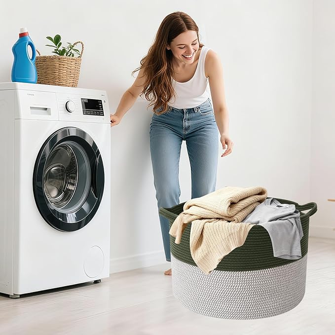 Large Storage Basket with Handle,19.7" L x 19.7" W x 13" H Blanket Basket Storage Bins for Organizing,65L Cotton Rope Woven Baskets for Living Room, Nursery ,Bedroom,Green&White