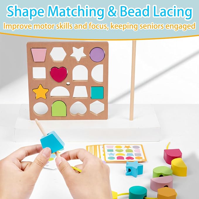 Dementia Activities for Seniors, Memory Cognitive Games for Seniors, 3-in-1 Shape Matching Alzheimers Products for Elderly, Beads Sequencing Lacing Busy Box Board Gadgets Gifts