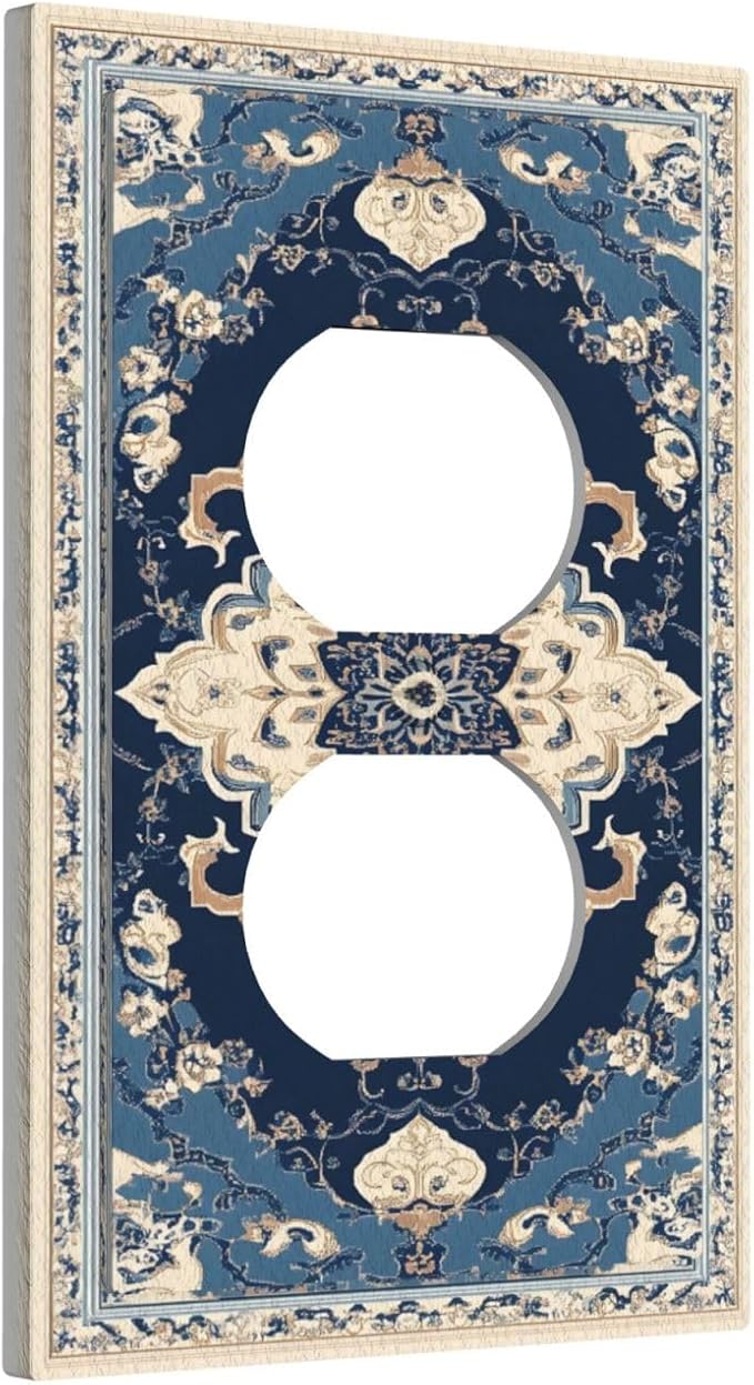 Outlet Covers Boho Beige Navy Blue Medallion Decorative 1 Gang Duplex Light Switch Cover Plate Receptacle Wall Plate Electrical Switch Plate Covers for Country Bathroom Bedroom Decor