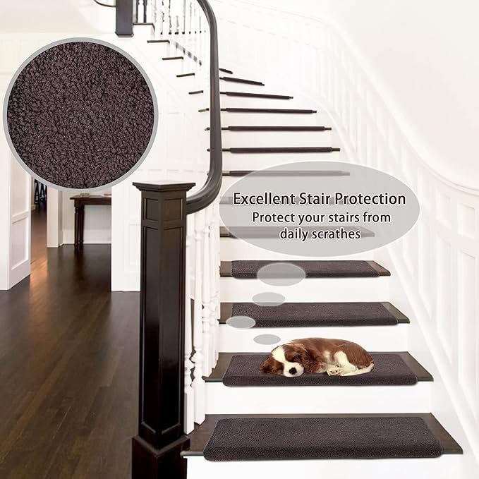 PURE ERA Carpet Stair Treads Ultra Plush 9.5" X 30"Soft Bullnose Indoor Stair Protectors Pet-Friendly Non-Slip Skid Resistant Tape Free Washable Reusable(14 Pieces,Dark Brown)