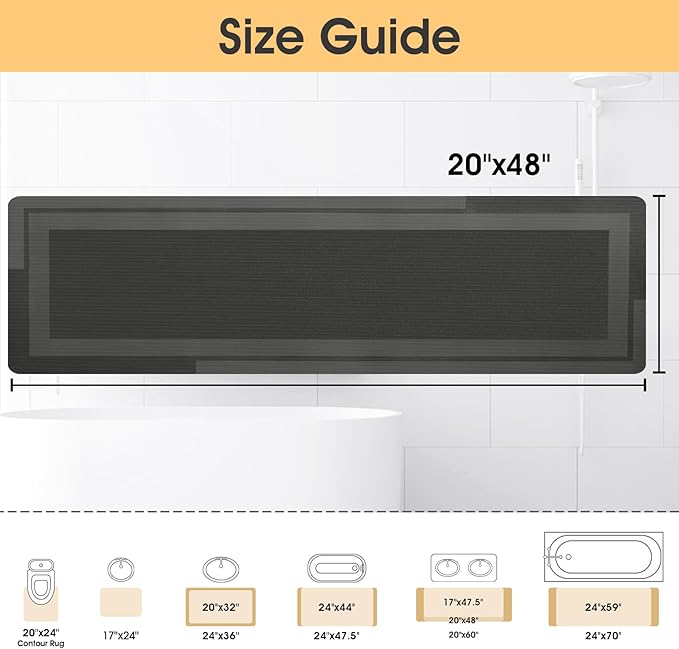 Ultra Thin Bath Mat, Upgrade Backing Non Slip Thin Bath Mats Fit Under Door, Quick Dry Ultra Absorbent Bathroom Rugs, Machine Washable Bath Rugs for Bathroom, Bathtub & Kitchen, Grey/Bordered/59"x20"