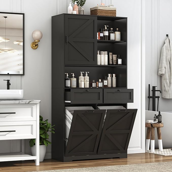 78" Tall Tilt-Out Double Doors Laundry Cabinet Hamper w Hidden Laundry Hamper,Large Pull Out Laundry Room Storage Cabinets,Kitchen Double Tilt Out Trash Cabinet,13X2 Gallon Bathroom Organizers(Black)
