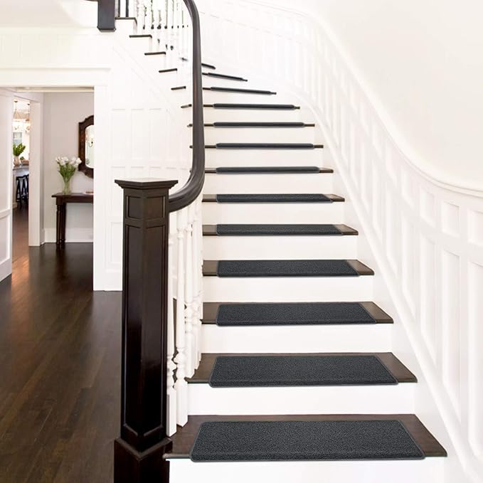 PURE ERA Bullnose Carpet Stair Treads Set Tape Free Non-Slip Indoor Stair Protectors Pet Friendly Rugs Covers Soft Skid Resistant Washable Reusable 9.5" x 30"(14 Pieces,Black)