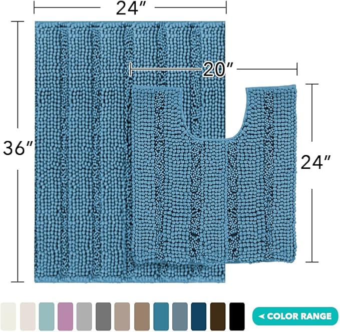 Turquoize Chenille Bathroom Rugs Set Non-Slip Bath Mats for Bathroom Super Absorbent Shaggy Rugs for Tub Shower Toilet Bath Rug Plus U Contour Rug (Oversized: 24" x 36" and 20" x 24" U), Turquoise