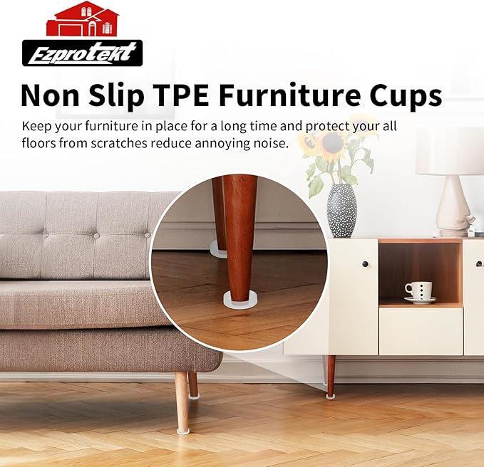 Ezprotekt Non Slip Furniture Pads, 8 Pcs 2" Anti Skid Rubber Caster Cups, Anti-Slip Round Furniture Coasters for Hardwood Floors, Anti Slide Floor Protectors for Bed Couch Stoppers (Clear)