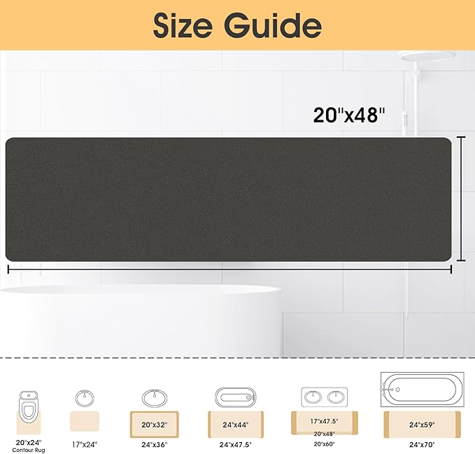 ACCUMTEK Ultra Thin Bath Mat, Upgrade Backing Non Slip Thin Bath Mats Fit Under Door, Quick Dry Ultra Absorbent Bathroom Rugs, Machine Washable Bath Rugs for Bathroom, Charcoal Gray/Solid/48 x20