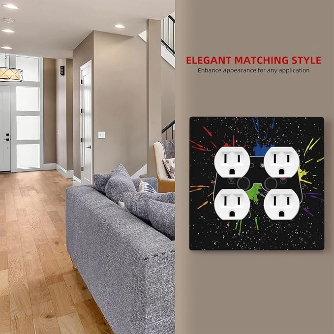 Classic Videogames Controller Black Splash Ink Colorful Outlet Covers 2 Gang Double Duplex Decorative Light Switch Covers Electrical Wallplates Socket Faceplate for Kids Room Nursery Decor