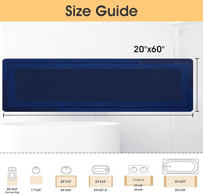 Ultra Thin Bath Mat, Upgrade Backing Non Slip Thin Bath Mats Fit Under Door, Quick Dry Ultra Absorbent Bathroom Rugs, Machine Washable Bath Rugs for Bathroom, Bathtub, Dark Blue/Bordered/60"x20"