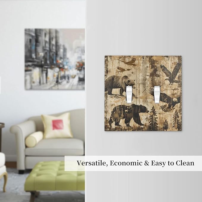 Decorative Switch Plates Vintage Cabin Wildlife Animal Bear Eagle Forest 2 Gang Double Toggle Outlet Light Switch Cover Wall Plate Electrical Faceplate for Farmhouse Bedroom Decor