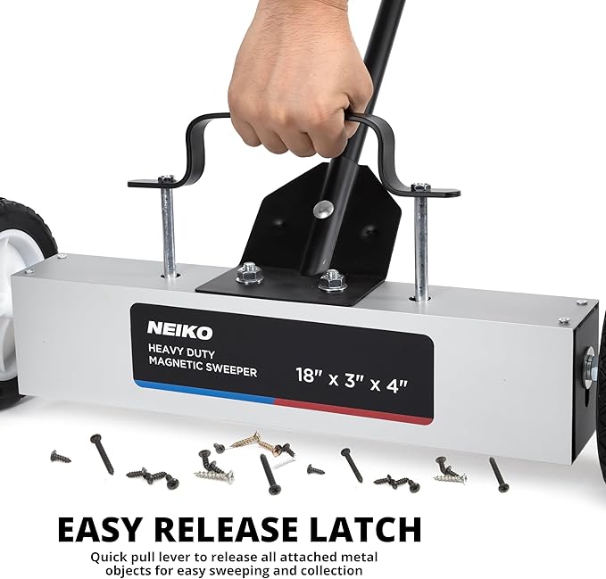 NEIKO 53415A 18” Rolling Magnetic Sweeper with Wheels, 45 Pound Capacity, Adjustable Handle & Floor Magnet Clearance Height, Metal Pick Up and Nail Magnet, Floor Sweeper for Construction, Shop, Etc.