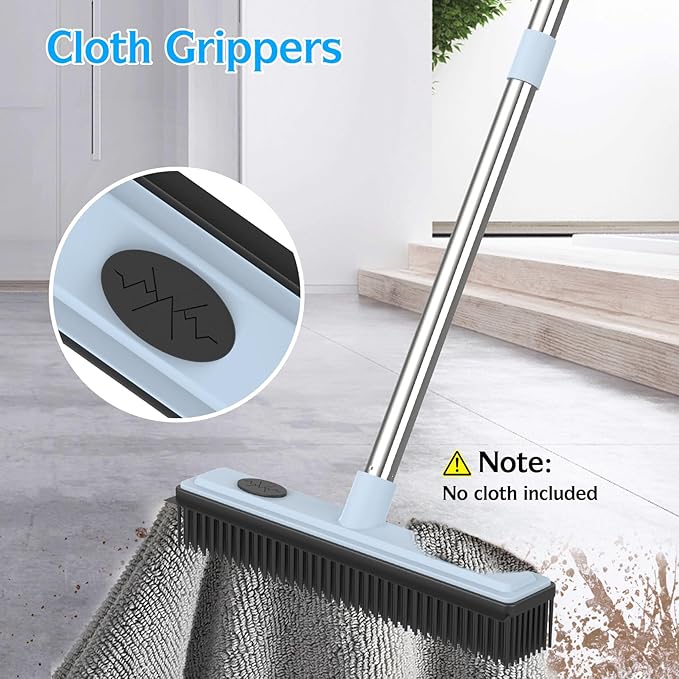 Rubber Broom Carpet Rake for Pet Hair Removal, Dog Hair Broom with 59" Adjustable Handle, Push Broom with Squeegee for Carpet, Hardwood Floor, Tile, Includes 1 Pet Hair Brush
