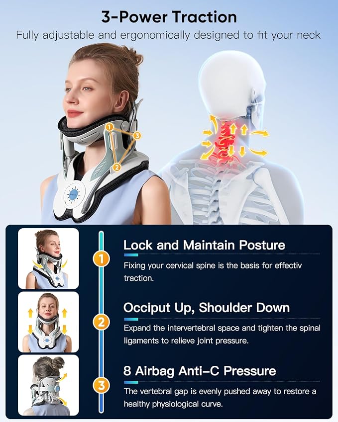 Cervical Neck Traction Device: Neck Stretcher for Cervical Pain Relief, Electric Air Pump with 3 Power Traction, Built-in 8 Airbag, Improved Stretcher for Neck Decompression and Neck Tension Relief