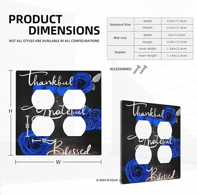 Decorative Light Switch Cover Plate Blue Rose Thankful Grateful Blessed 2 Gang Socket Covers Double Duplex Wallplates Switch Plates and Outlet Covers for Bedroom Bathroom Decor