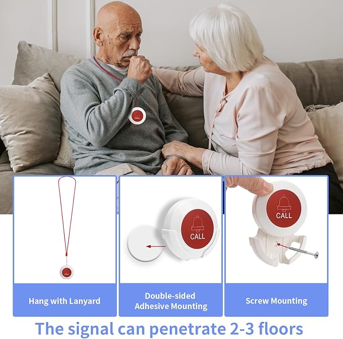 Caregiver Pager Motion Sensor Alarm Indoor Home Wireless Bed Alarm and Fall Prevention Detector Alert Devices for Elderly/Dementia/Patients/Kid Monitoring Safety Device with Panic Button