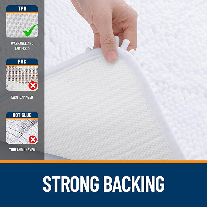 OLANLY Bathroom Rugs Sets 2 Piece, Soft Absorbent Chenille Bath Mats Area Rug Set, Non-Slip, Quick Dry, Machine Washable Bath Mats for Bathroom, Home Decor Accessories (59"x20"+30"x20", White)