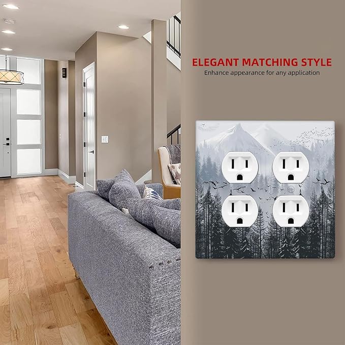 Misty Forest Nature Tree Mountain Birds Outlet Covers 2 Gang Double Duplex Decorative Light Switch Covers Electrical Wallplates Socket Faceplate for Bed Room Living Room Decor