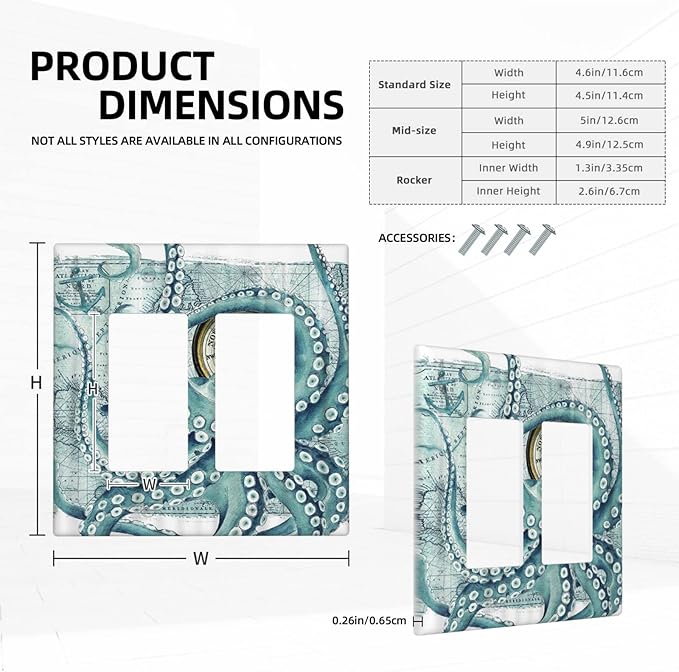 Outlet Covers Vintage Nautical Octopus Eyes Funny Ocean Kraken Double Rocker/Decora Light Switch Covers Decorative 2 Gang Wall Plate Compass Pirate Map Gfci Electrical Switchplate for Bathroom