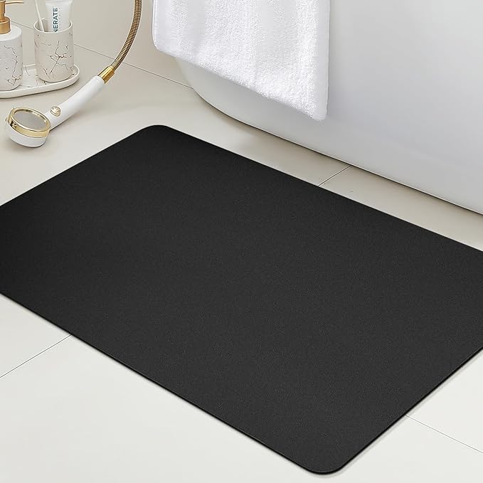 Ultra Thin Bath Mat, Upgrade Backing Non Slip Thin Bath Mats Fit Under Door, Quick Dry Ultra Absorbent Bathroom Rugs, Machine Washable Bath Rugs for Bathroom, Bathtub & Kitchen, Black/Solid/36"x24"