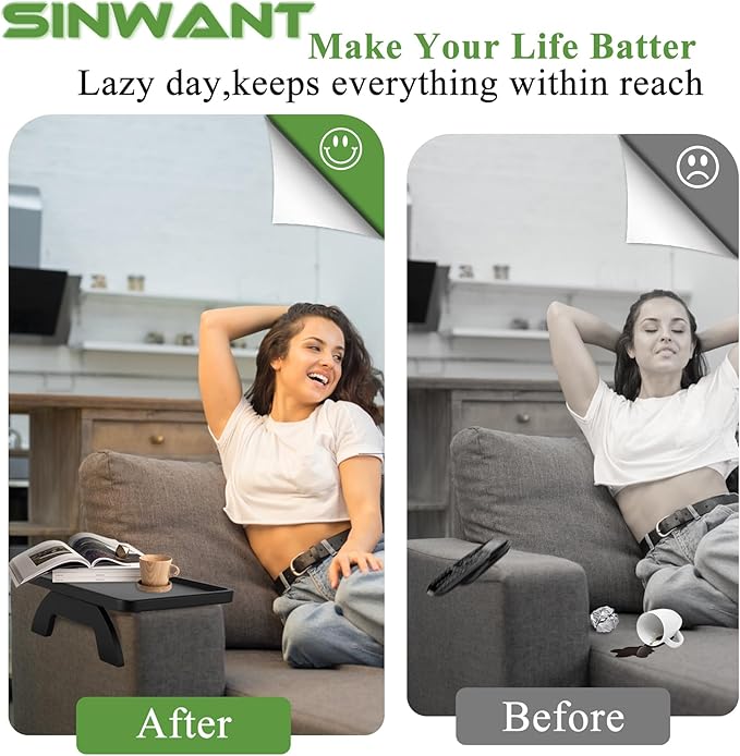 SINWANT Couch Arm Table,Bamboo Couch Arm Tray for Armrest,13.78" Sofa Clip on Tray Table for Home Living Room Snack & Drink Remote