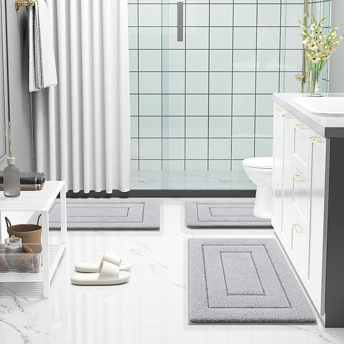 Buganda Bathroom Rugs, 44" x 24", Soft and Absorbent Microfiber Bath Rugs, Non-Slip Shaggy Shower Carpet, Machine Wash Dry Bath Mats for Bathroom Floor, Tub and Shower, Grey