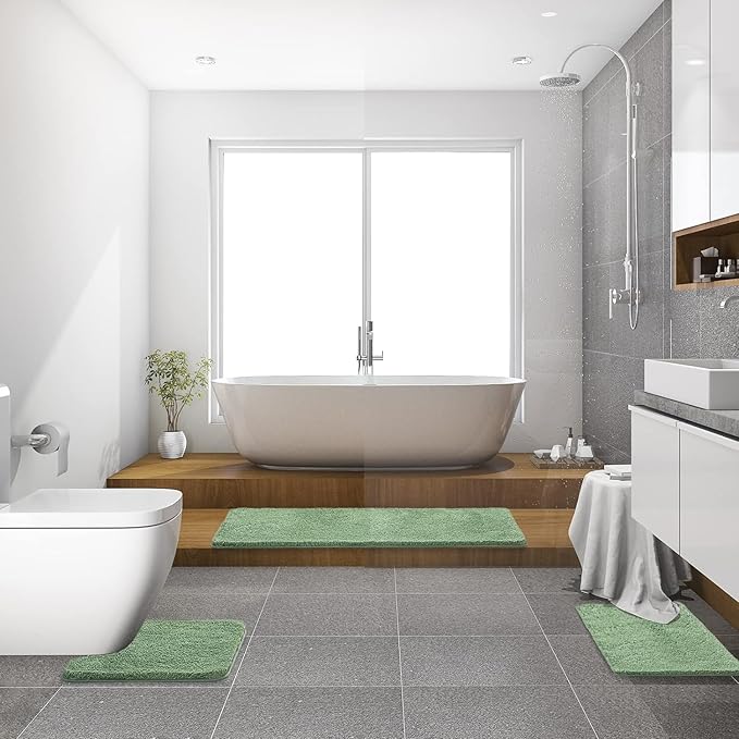 MIULEE Extra Thick Non Slip Bathroom Rug Shaggy Soft Bath Mat Plush Microfiber Absorbent Water for Shower Tub Machine Washable (Sage Green, 24x70 Inches)