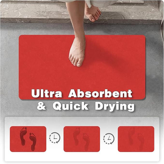Christmas Bath Mat, Red Bathroom Rugs Non Slip Washable Thin Absorbent Bath Mat Fits Under Door Bathroom Floor Mat Perfect for Bath, Shower, or Sink 16"x24" Red