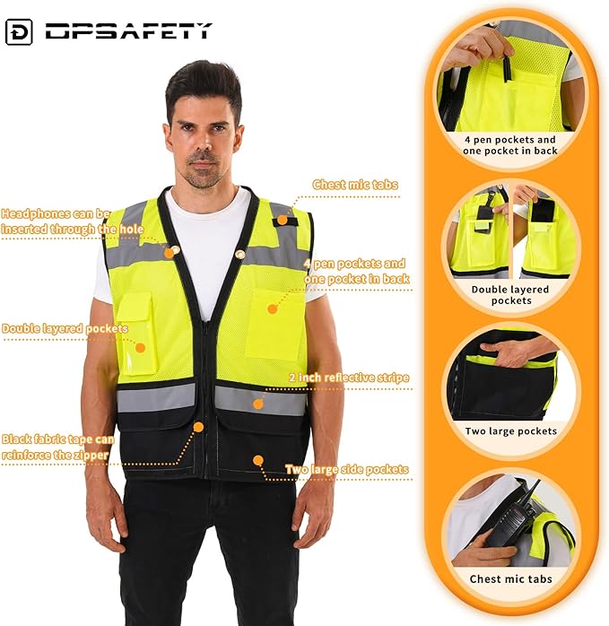 Reflective Safety vest With back plan pocket,High visibility Class 2 Heavy Duty Surveyor Vest with Zipper,Hi Vis Construction Work Vest for Men＆Women ANSI/ISEA(Yellow-Bottom,XL)