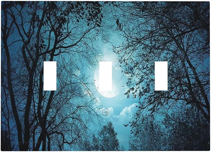 Light Switch Cover Teal Full Moon Forest 3 Gang Wall Plate Triple Light Switch Plate Turquoise Toggle Decorative Outlet Covers Electrical Switchplate for Bathroom Bedroom Decor