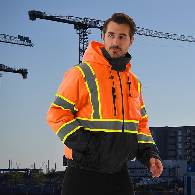 Hi Vis Safety jacket for men,Reflective high Visibility Hooded jacket,Work Bomber Jacket with Pockets and Zipper,Waterproof,ANSI Class 3 Black Bottom Tangerine,6XL