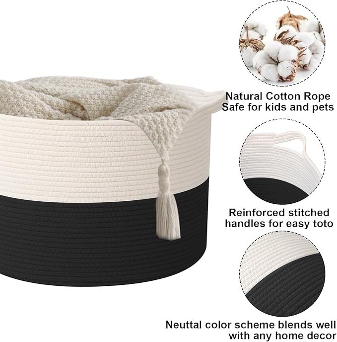 Large Storage Basket with Handle,23.6" x 23.6" x 15.7" Blanket Basket Storage Bins for Organizing,65L Cotton Rope Woven Baskets for Living Room, Nursery,Bedroom,White&Black