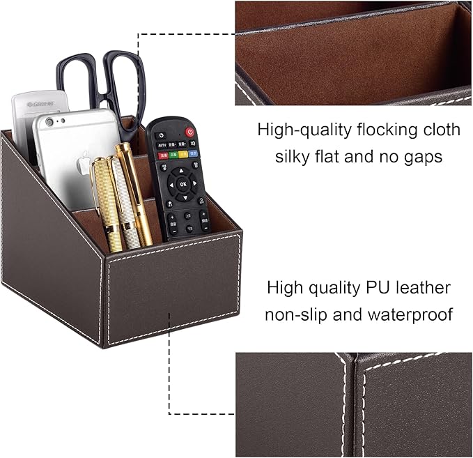 TV Remote Control Organizer/Caddy with 3 Compartments,PU Leather Remote Holder Bedside Table Top, Storage Box, Mobile Phone and Media Accessory Storage,Desk Organizers(brown)