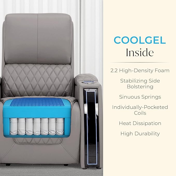 Seatcraft Apex Zero-Gravity CoolZero Italian Leather Home Theater Seating, Powered Headrest, Powered Lumbar, Powered Recline, Row of 4 Right Loveseat, Gray